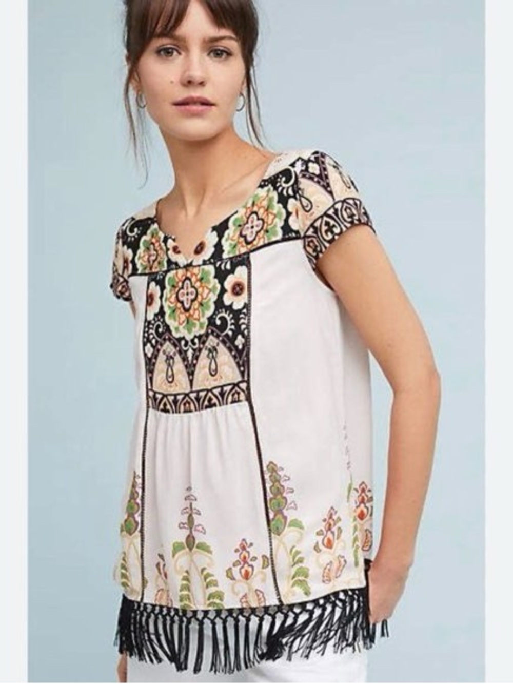 Vanessa Virginia Anthropologie Embroidered Fringe Short-Sleeve Top